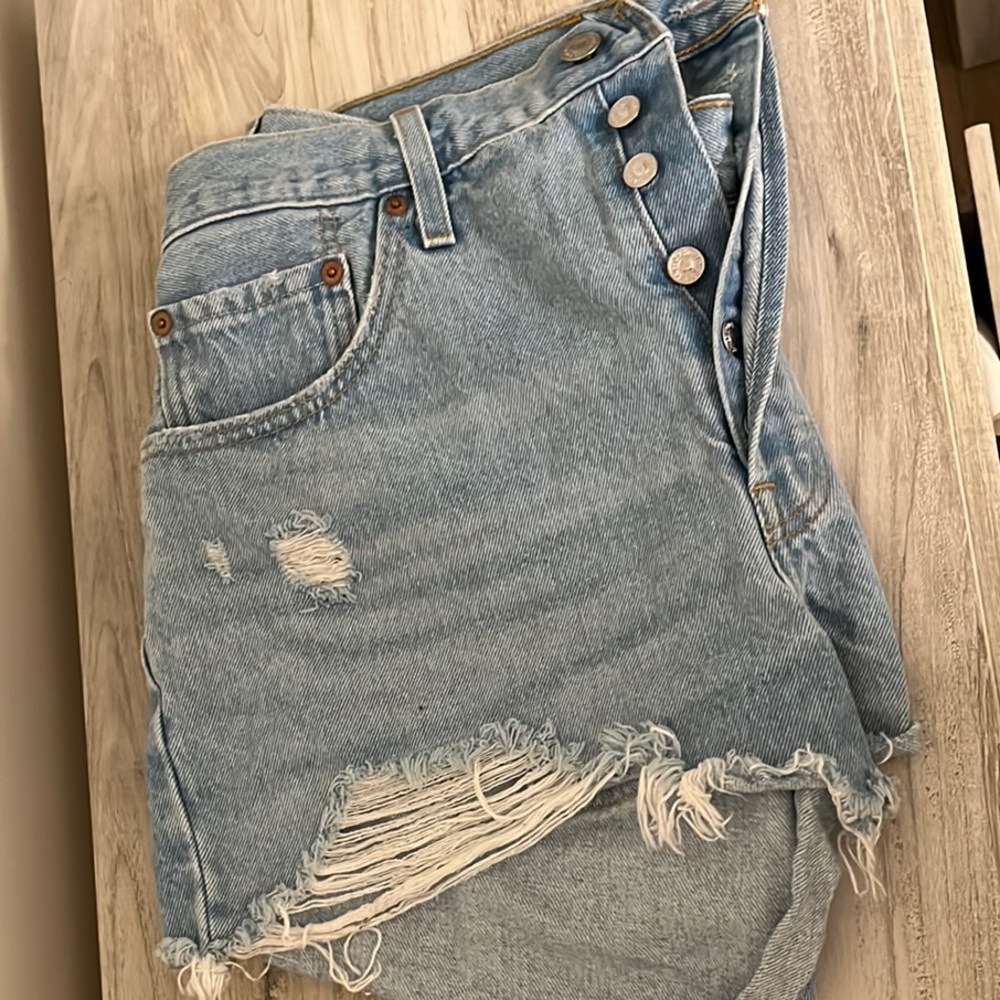 Levi Distressed Light Blue Denim Shorts